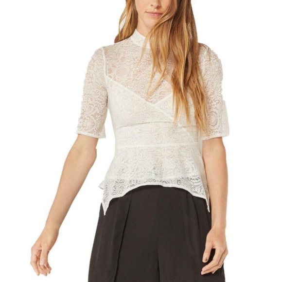 Brand New BCBGMAXAZRIA Womens Ivory Mock Neck Peplum Lace Blouse Top - Picture 1 of 7